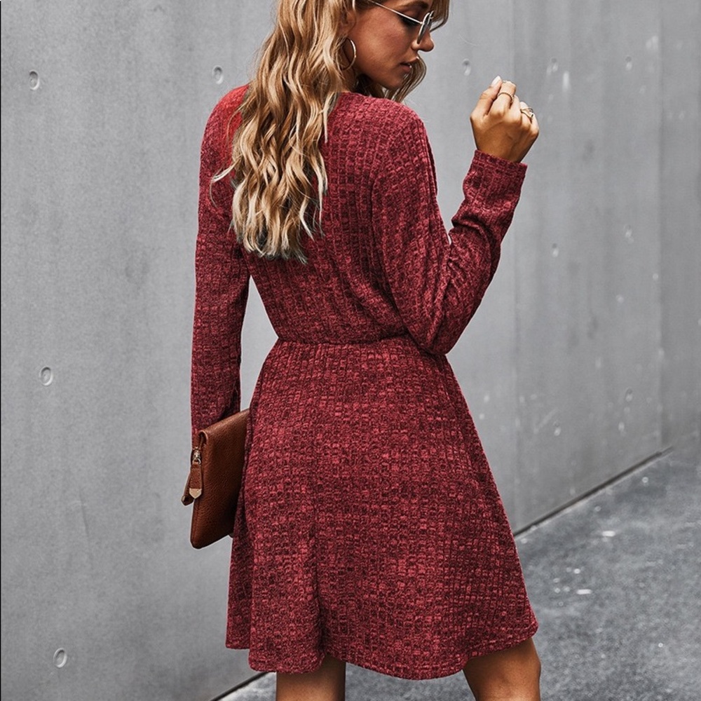 🍁🆕V Neck Long Sleeve Fall Dress Wine - Picture 7 of 7